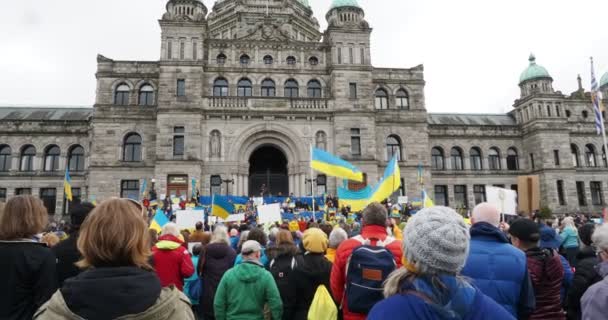 Victoria Kanada Února2022 Demonstrace Protestu Proti Válce Ruskem Ukrajině Trávníku — Stock video