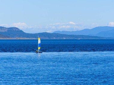 Sidney BC kıyısı yakınlarında Ukrayna 'nın ulusal bayrağı gibi sarı ve mavi renkte yelkenli yelkenli.