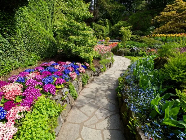 Üppiger Garten Blüht Frühling Mit Tulpen Blumenbeeten Und Rasen lizenzfreie Stockbilder