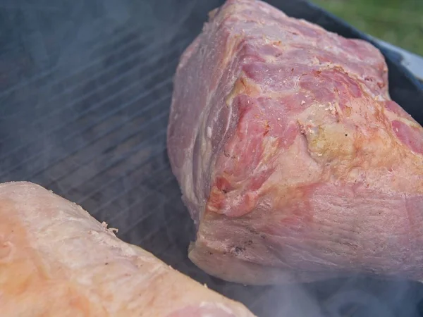 Pork Loin Shoulder Cuts Being Smoked Charcoal Grill — Stockfoto