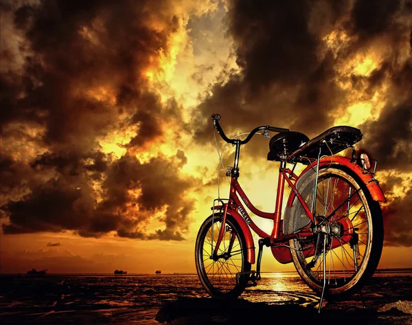 흐린 하늘 아래에서 주차 자전거 — 스톡 사진