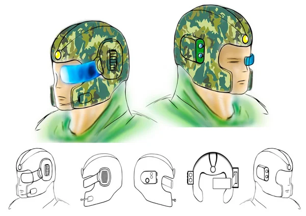 Illustration of conceptual gas mask and recon helmet army — Stock Photo, Image