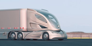 Markasız bir konsept kamyonun 3 boyutlu görüntüsü. Elektrikli otonom kamyon