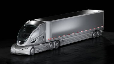 Markasız bir konsept kamyonun 3 boyutlu görüntüsü. Elektrikli otonom kamyon