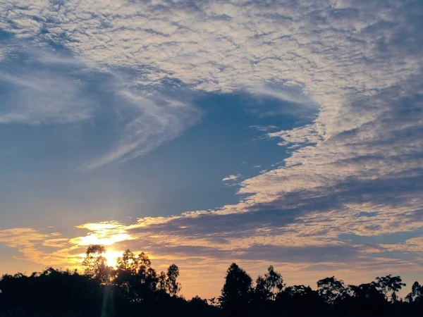 Güneşli ve ağaçlı bulutlu güzel gökyüzü.