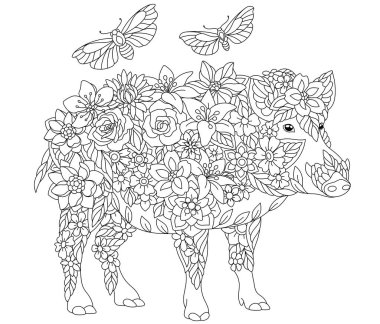 Floral adult coloring book page. Fairy tale wild boar. Ethereal animal consisting of flowers, leaves and butterflies. 