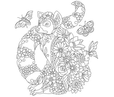 Çiçekli yetişkin boyama kitabı sayfası. Peri masalı lemur. Çiçekler, yapraklar ve kelebeklerden oluşan ruhani bir hayvan.. 