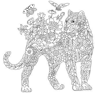 Çiçekli yetişkin boyama kitabı sayfası. Peri masalı panteri. Çiçekler, yapraklar ve uğur böceklerinden oluşan ruhani bir hayvan.. 
