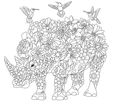 Çiçekli yetişkin boyama kitabı sayfası. Peri masalı gergedanı. Çiçekler, yapraklar ve sinekkuşlarından oluşan ruhani bir hayvan.. 