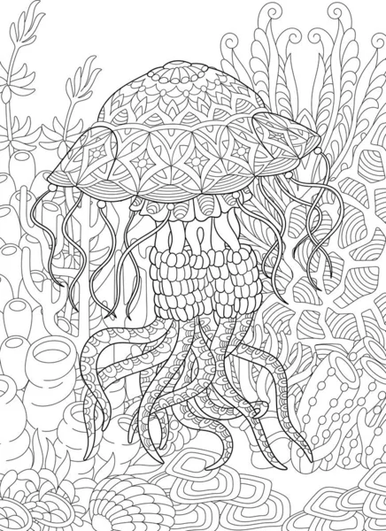 Adult Coloring Book Page Jellyfish Underwater Background — стоковий вектор
