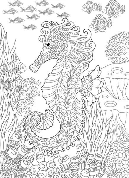 Adult Coloring Book Page Seahorse Underwater Background — Stock Vector