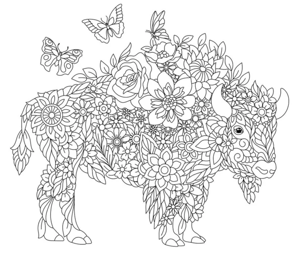 Floral Adult Coloring Book Page Fairy Tale Bison Buffalo Ethereal — Stok Vektör