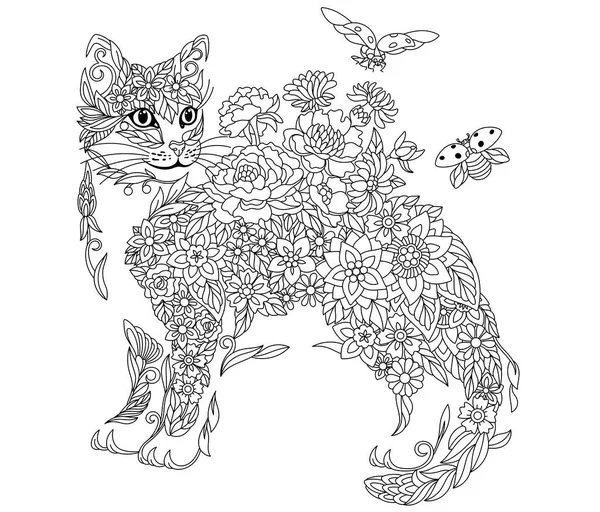 Floral Adult Coloring Book Page Fairy Tale Cat Ethereal Animal — Stok Vektör