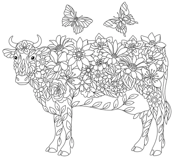 Floral Adulto Colorir Página Livro Vaca Conto Fadas Animais Etéreos — Vetor de Stock