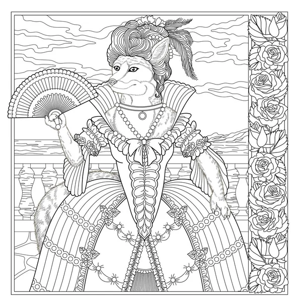 Floral Adult Coloring Book Page Fairy Tale Fox Female Animal — Stockvector