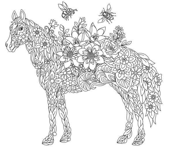 Floral adult coloring book page. Fairy tale horse. Ethereal animal consisting of flowers, leaves and honey bees. 