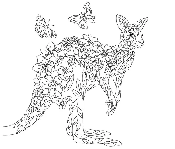 Livre Coloriage Pour Adulte Floral Conte Fées Kangourou Animal Éthéré — Image vectorielle