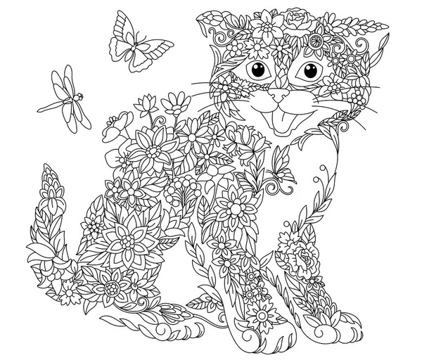 Floral Adult Coloring Book Page Fairy Tale Kitten Ethereal Animal — Stock Vector