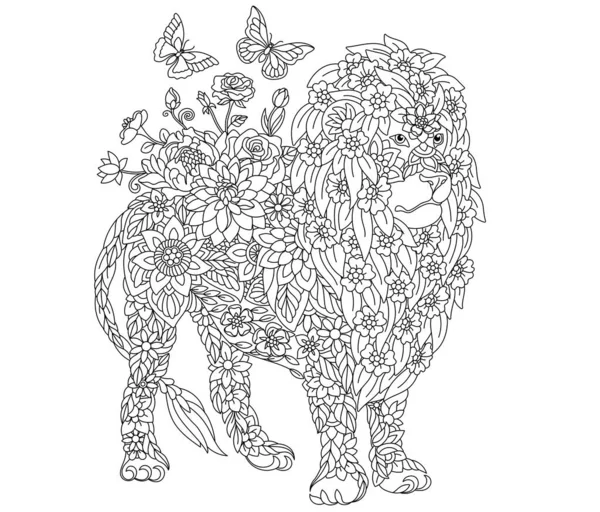 Floral Adult Coloring Book Page Fairy Tale Lion Ethereal Animal — Stock Vector