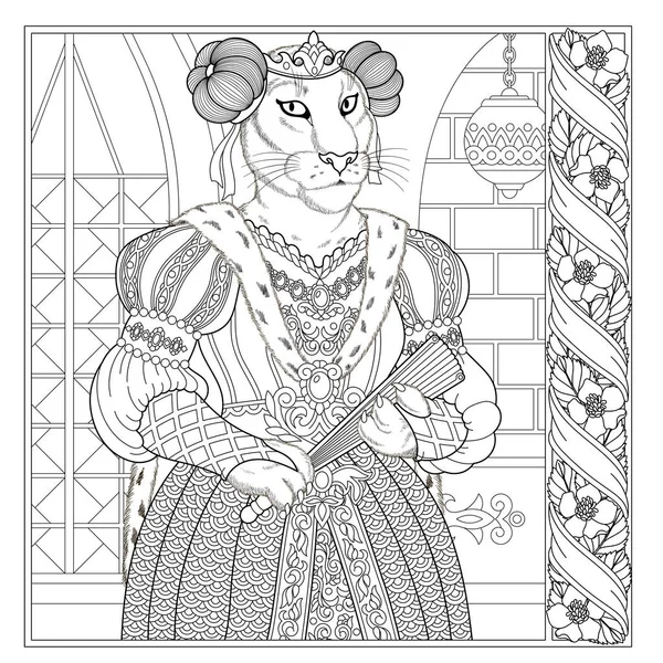Floral Adult Coloring Book Page Fairy Tale Lioness Female Animal —  Vetores de Stock