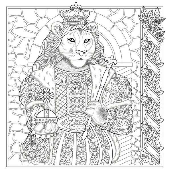 Floral Adult Coloring Book Page Fairy Tale Lion Male Animal — ストックベクタ