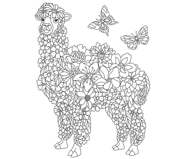 Floral Adult Coloring Book Page Fairy Tale Llama Alpaca Ethereal — Stok Vektör