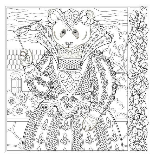 Floral Adult Coloring Book Page Fairy Tale Panda Bear Female — Vetor de Stock