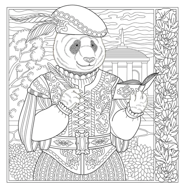 植物成色书页 童话中的熊猫熊头戴花框的雄性动物 — 图库矢量图片