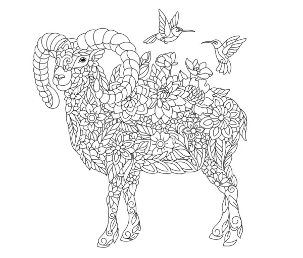 Floral Adult Coloring Book Page Fairy Tale Ram Goat Ethereal — 스톡 벡터