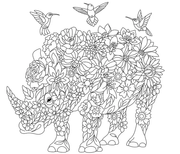 植物成色书页 童话犀牛 由花朵 叶子和蜂鸟组成的空中动物 — 图库矢量图片