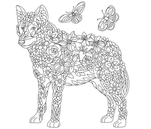 Floral Adulto Para Colorear Página Del Libro Lobo Cuento Hadas — Archivo Imágenes Vectoriales