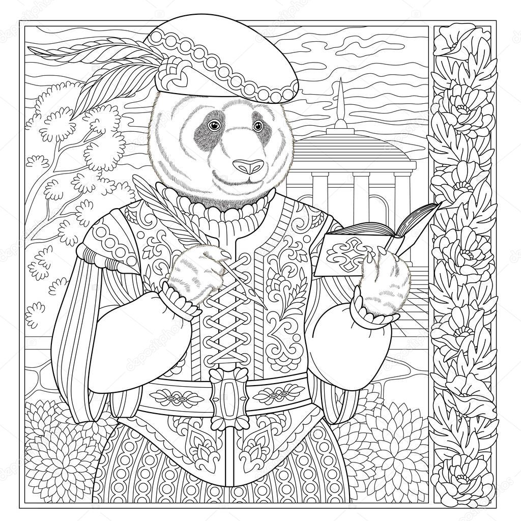 Floral adult coloring book page. Fairy tale panda bear. Male animal in costume with flower frame. 