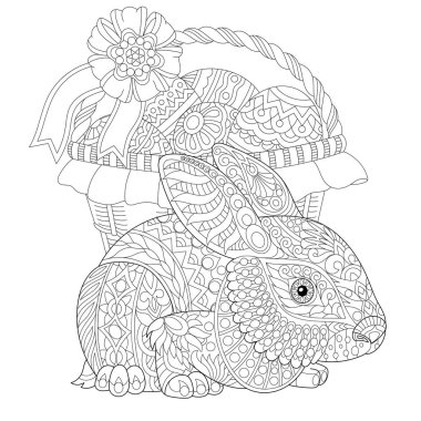 Yetişkin boyama kitabı sayfası. Paskalya tavşanı ve yumurtalı Paskalya sepeti. 