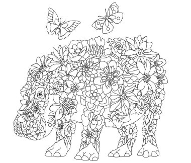 Çiçekli yetişkin boyama kitabı sayfası. Peri masalı su aygırı. Çiçekler, yapraklar ve kelebeklerden oluşan ruhani bir hayvan.