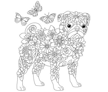 Çiçekli yetişkin boyama kitabı sayfası. Peri masalı köpeği. Çiçekler, yapraklar ve kelebeklerden oluşan ruhani bir hayvan.