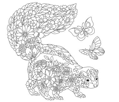 Çiçekli yetişkin boyama kitabı sayfası. Peri masalı kokarcası. Çiçekler, yapraklar ve kelebeklerden oluşan ruhani bir hayvan.