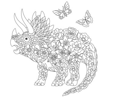 Floral adult coloring book page. Fairy tale triceratops dinosaur. Ethereal animal consisting of flowers, leaves and butterflies