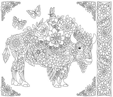 Adult coloring book page. Floral bison or buffalo. Ethereal animal consisting of flowers, leaves and butterflies