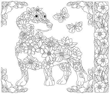 Yetişkin boyama kitabı sayfası. Çiçekli dachshund köpeği. Çiçekler, yapraklar ve kelebeklerden oluşan ruhani bir hayvan.
