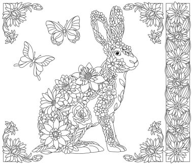 Yetişkin boyama kitabı sayfası. Tavşan mı tavşan mı? Çiçekler, yapraklar ve kelebeklerden oluşan ruhani bir hayvan.