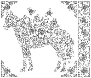 Adult coloring book page. Floral horse. Ethereal animal consisting of flowers, leaves and honey bees