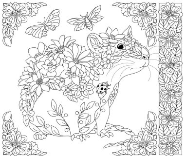 Yetişkin boyama kitabı sayfası. Çiçekli fare. Çiçekler, yapraklar ve kelebeklerden oluşan ruhani bir hayvan.