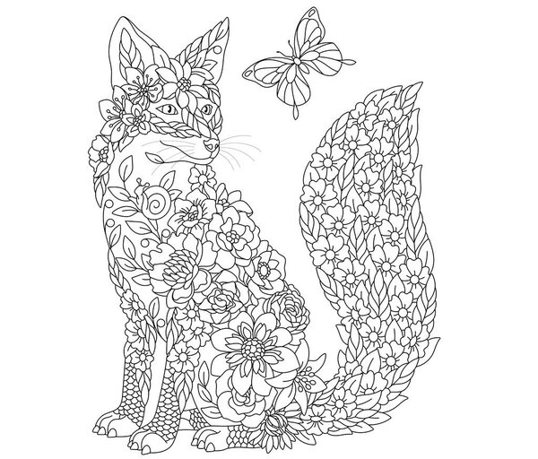 Floral adult coloring book page. Fairy tale fox. Ethereal animal consisting of flowers, leaves and butterflies