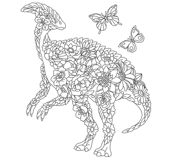 Floral Adulto Para Colorear Página Del Libro Hada Cuento Hadrosaurus — Vector de stock