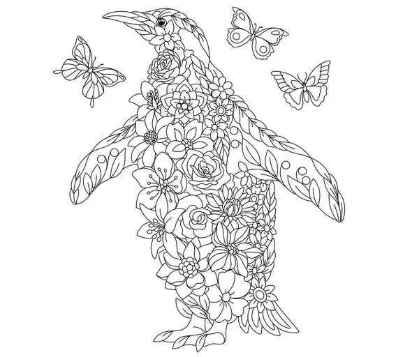 Floral Adult Coloring Book Page Fairy Tale Penguin Ethereal Animal — Stockvector