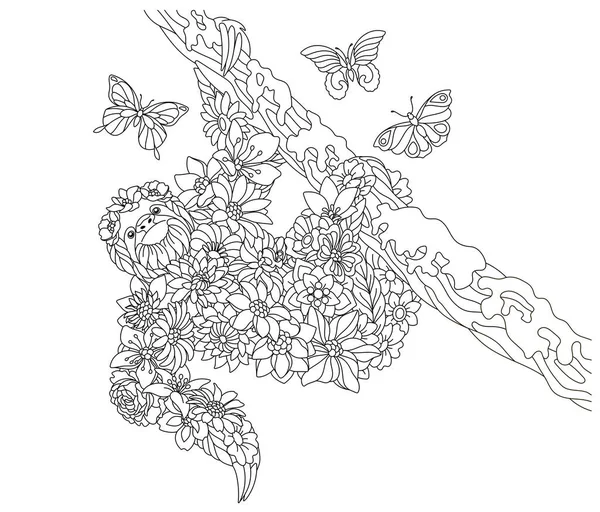 Floral Adult Coloring Book Page Fairy Tale Sloth Tree Ethereal — 스톡 벡터