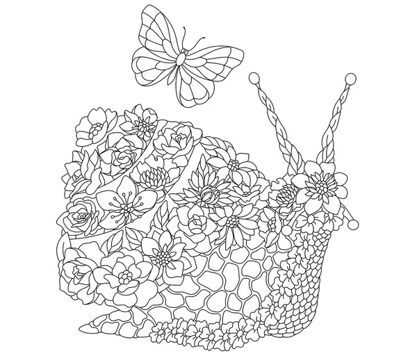 Floral Adult Coloring Book Page Fairy Tale Snail Ethereal Animal — Stockvector