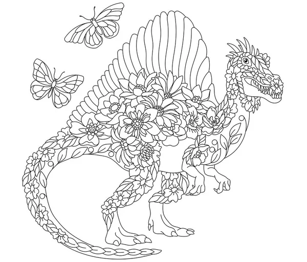 Bloemen Volwassen Kleurboek Pagina Sprookje Spinosaurus Dinosaurus Etherisch Dier Bestaande — Stockvector