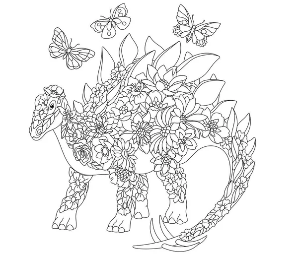 植物成色书页 童话巨龙龙恐龙 由花朵 叶子和蝴蝶组成的空中动物 — 图库矢量图片