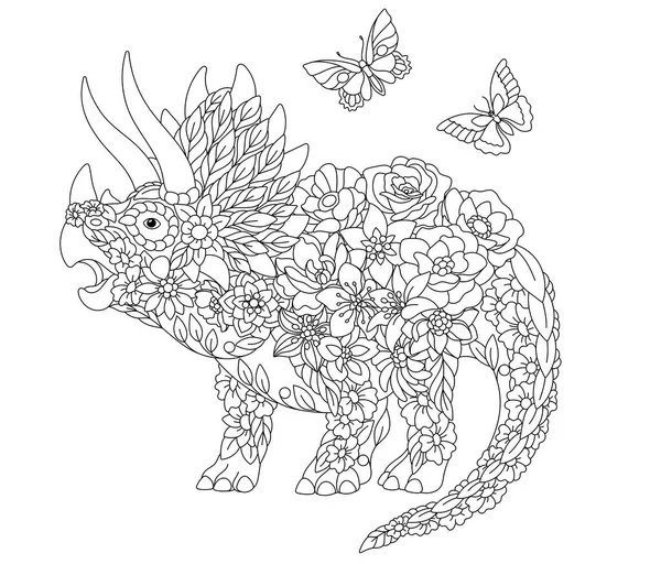 Floral Adult Coloring Book Page Fairy Tale Triceratops Dinosaur Ethereal — Stok Vektör